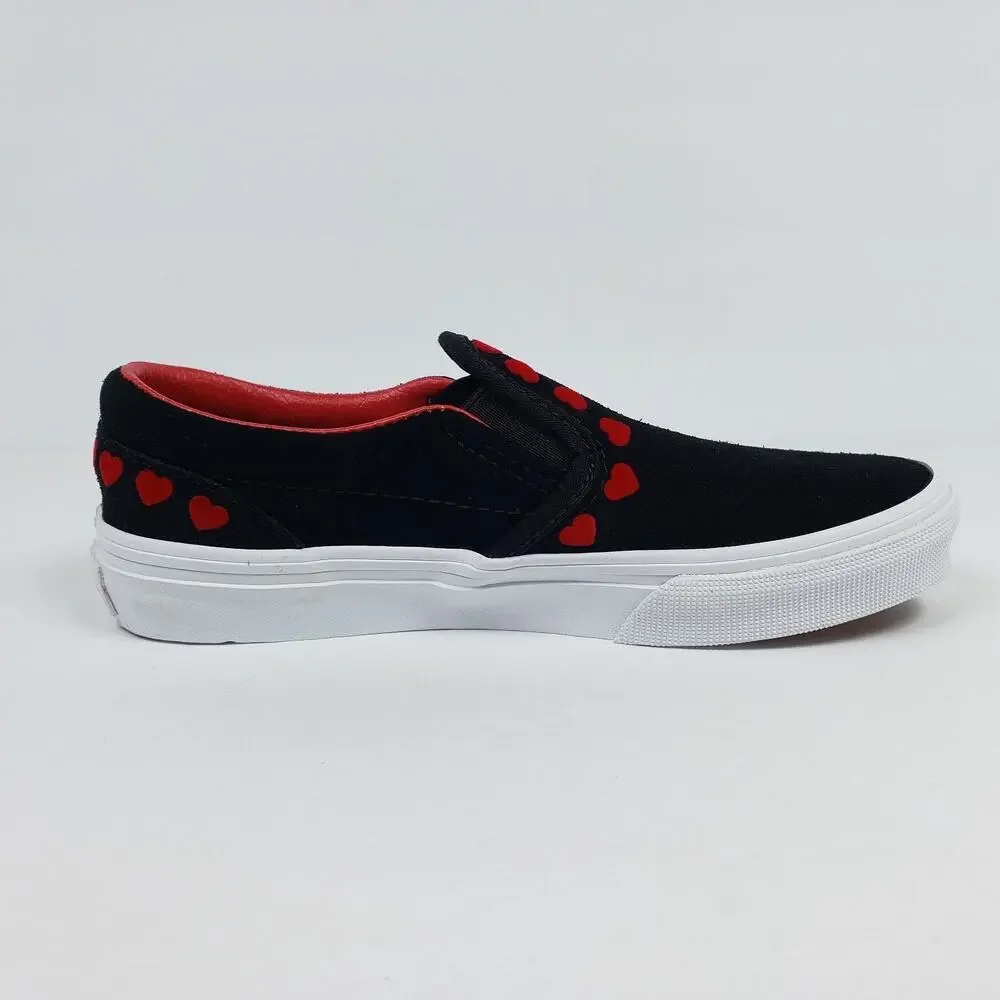 Vans Classic Slip On Girls Size 1Y Hearts Black Red Suede Slip On Loafer Shoes